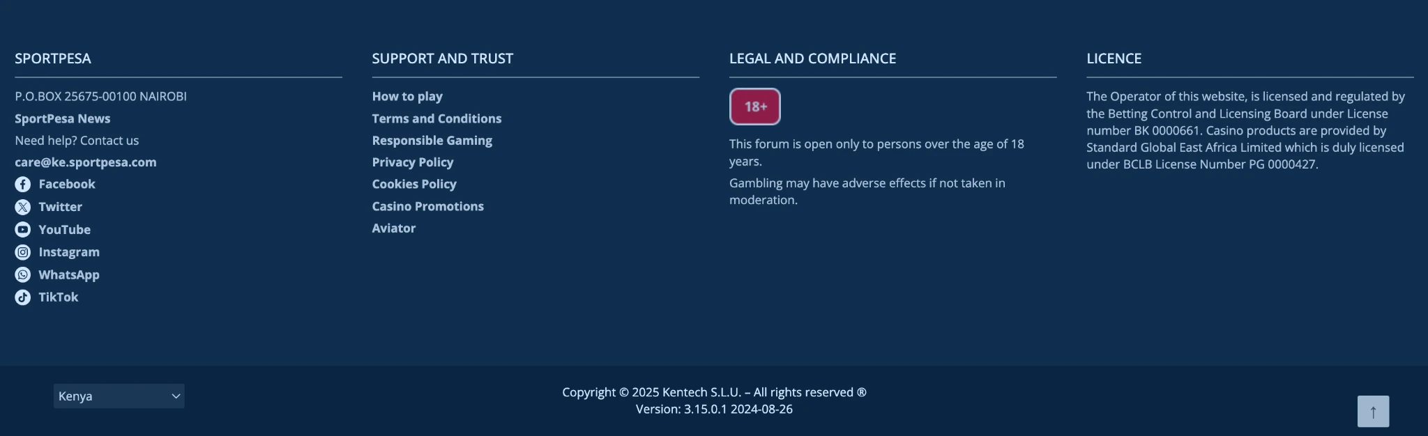 Display of SportPesa policy and legal links in the footer.