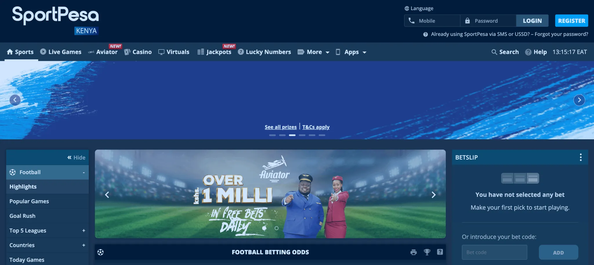 Overview of the SportPesa homepage user interface.