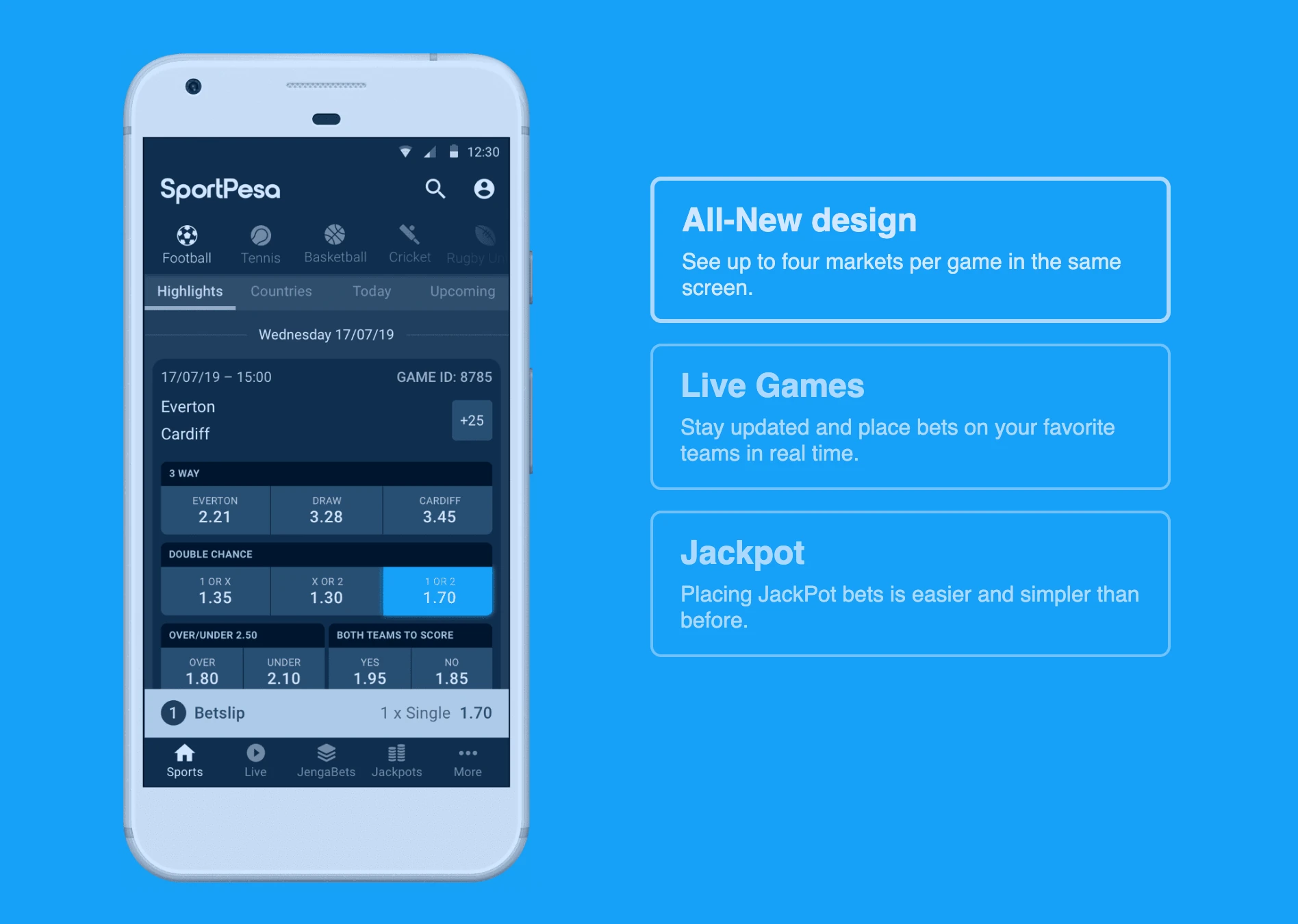 The user interface of the SportPesa mobile app.
