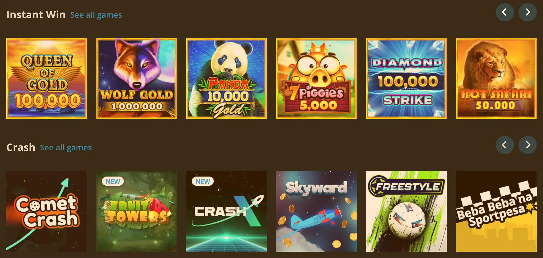 Interface for Quick Wins games like Aviator on SportPesa.
