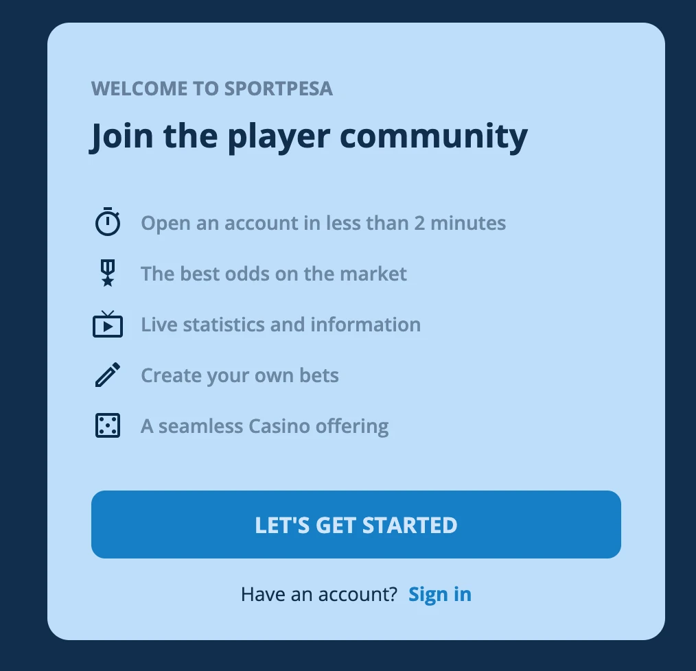 SportPesa signup panel for new users.